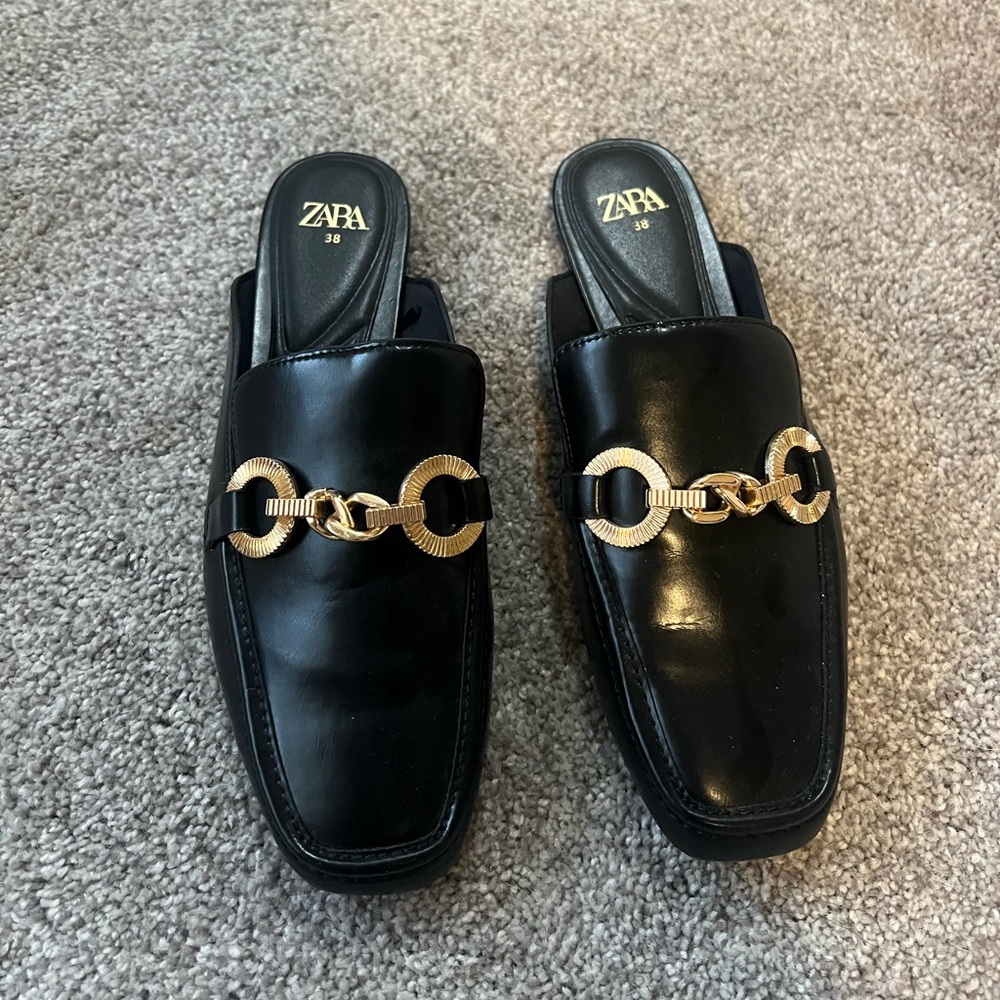 Zara Black Leather Loafers with Gold Accent